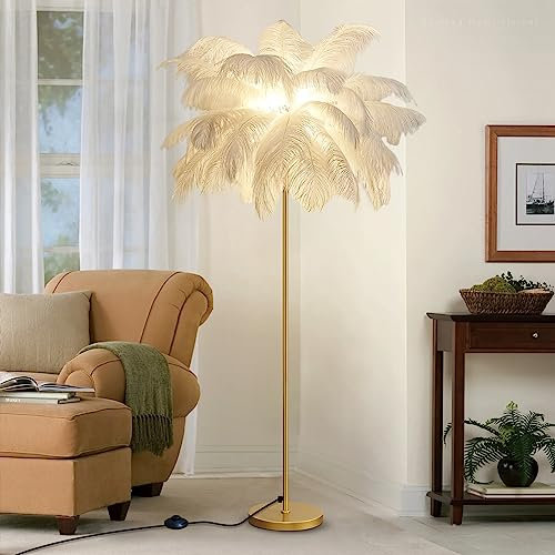 Lampadaire,Lampe en Plumes d'autruche Naturelle en or bleu rose blanc plume dimmable lampe pour fille parfait pour chambre à coucher et salon (white)
