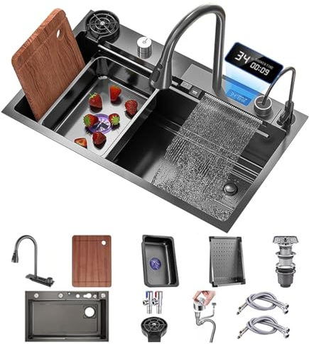 304 Lavello da Cucina in Acciaio Inox Lavello A Barra Singola Lavabo Multifunzione per La Casa con Rubinetto,Componente di Drenaggio,Bacino di Drenaggio,Cestello di Drenaggio,Tagliere (Color : Black