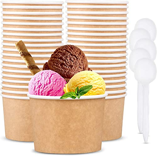 LATERN 50 Piezas Cuencos de Helado de Papel con 50 Piezas Cucharas, 12oz /360ml Cuencos de Papel Desechables para Comida Fría y Caliente Sopa Sundae Yogur Helado Postre (Marrón)
