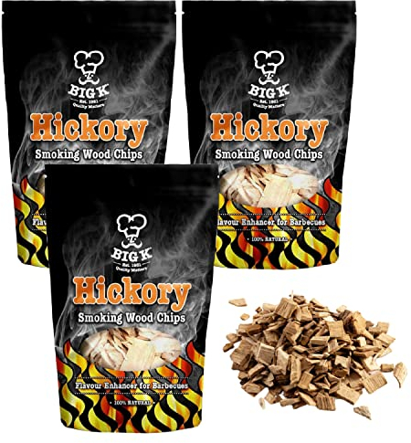 Big K Hickory Smoking Wood Chips - Pack of 3 Natural BBQ Smoker Wood Chips 400g Bags with Thank You Card for Smoking, Grilling, Barbecuing Meats.