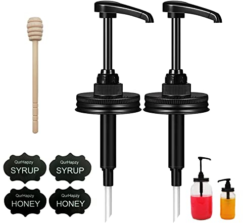 2 Pack Honey Pump Dispensers Food Grade 2.75 Inch SS Lid PP Pump Honey Dipper for Regular Mouth Mason Jar Stainsteel Steel Home Use Jam Ketchup Sauce Pour Sticker NO Rust, NO Drip, NO JAR QurHapzy