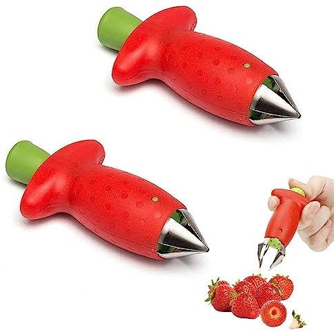 Vientiane Removedor de tallos de fresa, 2 Piezas Descorazonador de Fresas, Extractor de Tallo de Hoja de Fresa, Acero inoxidable, para Eliminación de Pedículos de Tomate, Corte de Fresa (Rojo)