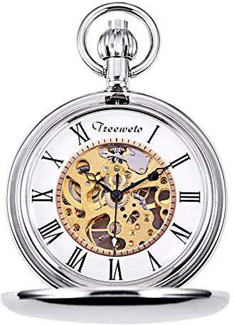 ROLTIN Taschenuhr, Silber/Gold, glattes Gehäuse, Skelett-Zifferblatt, mechanisches Uhrwerk mit Kette + Geschenkbox