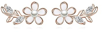 Reffeer 925 Sterling Silver Flower Stud Earrings for Women CZ Leaf Earrings Pearl Earrings