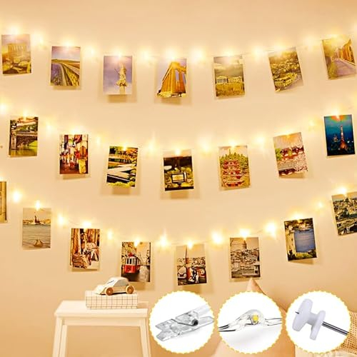 Liyade Fotowand für Zimmer Deko, LED Fotoclips Lichterkette für Zimmer Deko, 3M 30LED Lichterkette mit 15 Klammern, Fotos Lichterkette Batterie für Wohnzimmer, Weihnachten, Hochzeiten(Warmweiß)