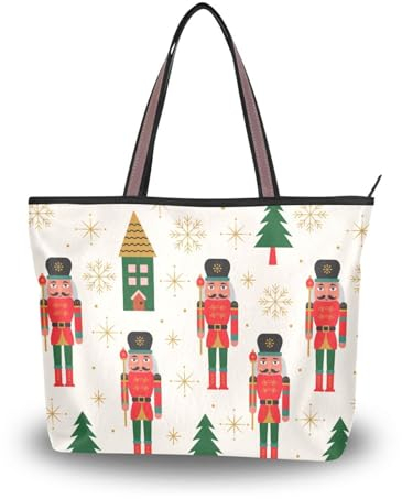 ALAZA Large Tote Bag, Women Shoulder Bag Big Capacity Casual Handbags, Christmas Tree and Nutcracker Shopping Tote Bag with Pockets Zip,L