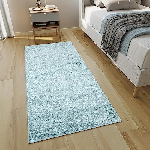 TAPISO Delhi Teppichläufer Hochflor Shaggy Hellblau Einfarbig Modern Design Flauschig Langflor Wohnzimmer Schlafzimmer Flur ÖKO-TEX 90 x 650 cm