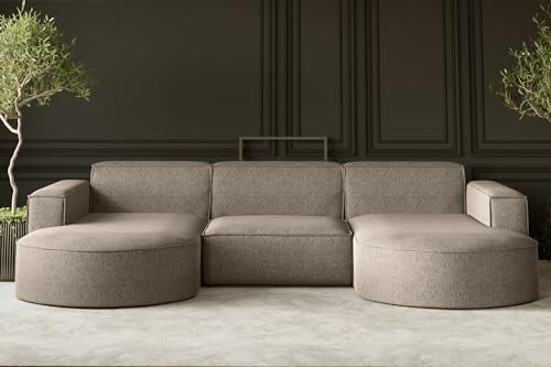 Kaiser Möbel, Sofa Modena, Designer u-Form Sofa, Modern Design Couch, Polsterecke, Freistehend, Verita Stoff Warmbeige Breite: 299 cm