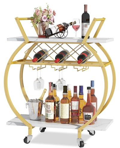 Aenuert Carrello da bar rotondo dorato con portabottiglie e ruote, moderno carrello per vino rotondo in metallo, carrello da portata per casa, carrello da cucina mobile industriale per cucina, bar,