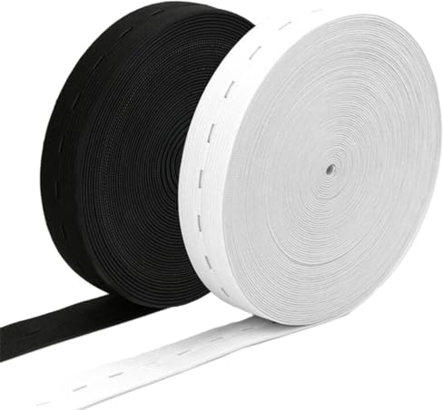 2 Rollo Cinta Elástica con Ojales, 2CM×7M Goma Elastica Costura Bandas Elásticas con Ojal Goma Elástica Plana, Manualidades Costura DIY,para Coser Pantalones, Mangas, Guantes, Gorros(Blanco + Negro)