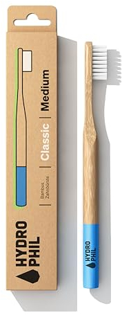 HYDROPHIL - Classic - Bambuszahnbürste Erwachsene - Nachwachsende Holzzahnbürste - 2er Pack - Natur/Blau (Medium, 2, stück)