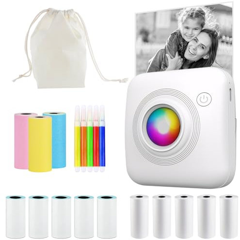 Lvcdodvd Mini Thermal Printer Portable Mini Photo Printers for Home Use Colorful LED Sticker Wireless Bluetooth Printer with 13 Rolls for Photos Notes DIY Painting iOS Android