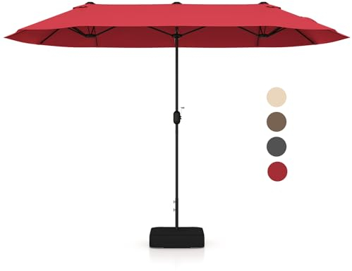 KOMFOTTEU Ombrellone da Giardino Doppio 4 x 2 m con LED, Ombrellone Rettangolare con Manovella e Base, Ombrellone da Balcone Grande Impermeabile, Ombrellone da Patio per Piscina, Cortile (Vino)