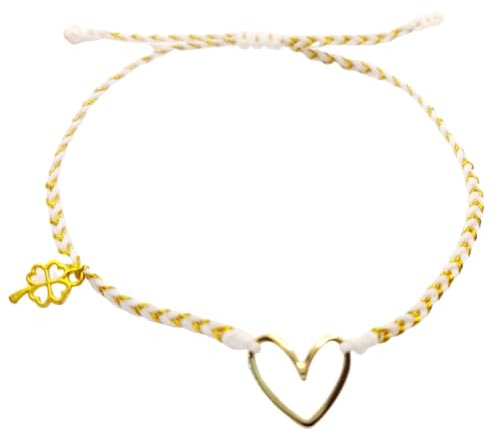 Bracelet Porte Bonheur Femme Bijoux Belle À Tomber, Bracelet Cœur Plaqué Or, Bijoux Trèfle à Quatre Feuilles Pour Femme, Fin Bracelet Bresilien Tresse, Création Française (Blanc, plaqué or)
