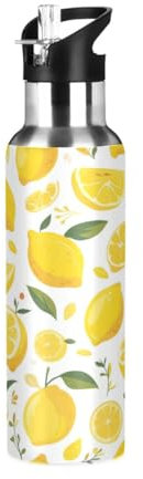 Niigeu Citron Aux Fruits Frais Et Élégants Bouteille d'eau Isotherme avec Paille en Acier Inoxydable Gourde, Sans BPA Gourdes Eau pour Enfant Sport Randonnée École Bureau (600ml/1L)