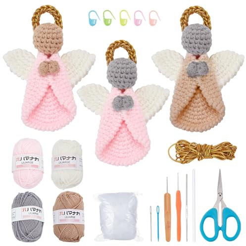 FREEBLOSS 3er-Set Engel-Häkelset – Anfänger-Weihnachtsschmuck-Starter-Set mit Schritt-für-Schritt-Video-Tutorial – komplettes Strick- und Häkelzubehör