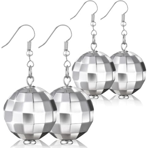2 Paar Silber Disco Kugel Ohrringe - Mehrfarbig - Eierjahre Thema Ohrringe für Damen für Disco-Kostüme