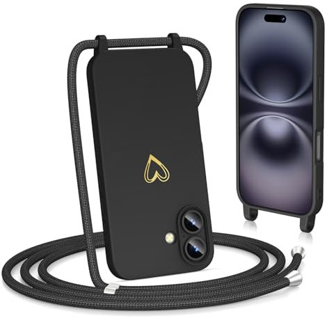 Noyabox für iPhone 16 Handyhülle mit Band, Goldenem Herz Silikon zum Umhängen Handykette mit Abnehmbarer Kordel Halskettenhülle Stoßfest mit Kameraschutz, Schwarz