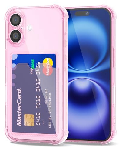 Svanove for iPhone 16 Case Wallet Clear, Card Holder Case with Credit Card Slot, Thin Slim Transparent Silicone Grip Soft Rubber Protective Shockproof Airbag Bumper for Women, Light Pink