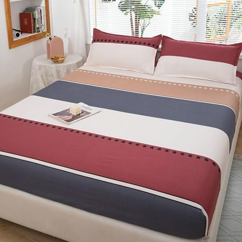 Beydodo Spannbetttuch 200x220 Boxspringbett, Spannbettlaken Baumwolle Gestreift Muster Rot Grau Beige Spannbetttuch rutschfest (mit 2 Kissenbezüge 48x74CM)