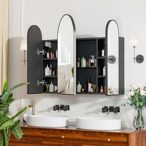 Mepplzian Spiegelschrank 3 Türen Bogen, Badezimmerschrank 3 Spiegel Bogen | Badspiegel Schwarz mit Schrank, Modern, 3+2+3-Schichten Großer Ablage , Metallkante, 80 x 13 x 70 cm