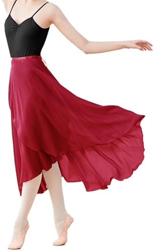 Baisdan Women Ballet Wrap Skirt Chiffon Sheer Long Ballet Dance Skirt Dancewear Deep Red