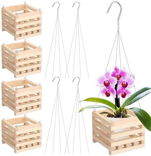 Briwooody Pflanzenaufhänger-Set aus Holz, inkl. 15,2 cm starken, quadratischen Hängekörben aus Holz und 61 cm Draht-Pflanzenaufhänger zum Aufhängen von Orchideen, Garten, drinnen und draußen,