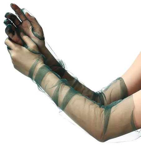 FSSTUD Green Long Mesh Tulle Gloves, Elbow Length Sheer Opera Cosplay Dance Party Costume Bridal Arm Sleeves, Polyester, Size: 70 cm