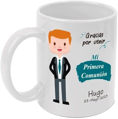 Adri. 20 Tazas personalizadas para comunión. Añade el nombre y la fecha. Regalo Original. Capacidad 350 ml (20 unidades, Diseño dibujo niño)