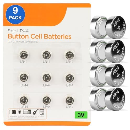 9 Pack LR44 Button Cell Batteries – Long-Lasting Power for Watches, Calculators, Remote Controls, Toys & More – Ideal for Small Electronics – Not Rechargeable