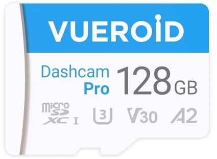 Vueroid 128GB Dashcam Pro microSD Card with Reader Adapter, C10, V30, UHS-I, Class 10, A1, High Speed Memory Card for 4K UHD Video, Read Speed up to 100 MB/s microsdxc