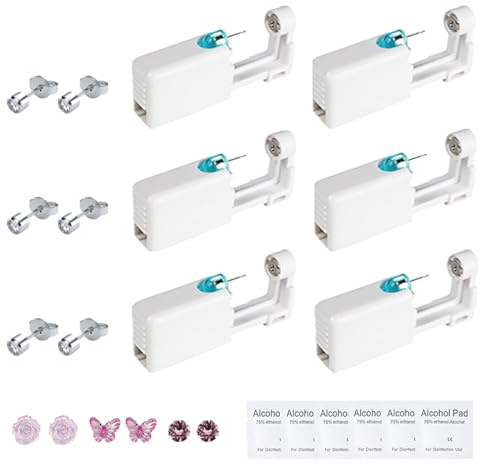 6 Stück Ohrlochstechpistole Einweg Set, Steril & Sicherheits Ohrlochpistole,Schmerzfreies Selbst Piercing Werkzeug Ohrring Stechen Piercing Set Mit 3 Paar Rosa Ohrringen& 6 Alkoholwatte,Frauen,Mädchen