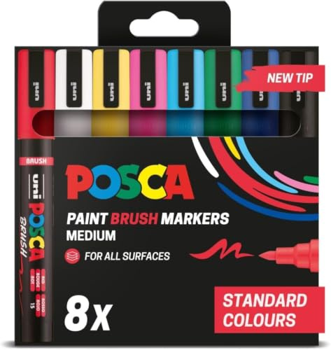 Posca PC-5BR Brush Tip Acrylic Paint Marker Pens, Standard Colours (8-Pack) | 1–4 mm Semi-Flexible Brush Tip, for All Surfaces, Non-Toxic, Biodegradable Packaging