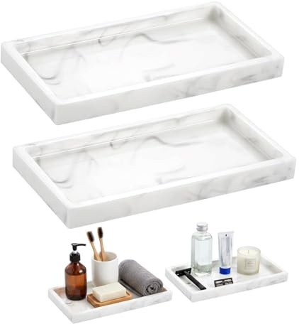 2 Pieces Trays for Cosmetics Rectangular,Shatterproof Bathroom Tray,Vanity Tray,For Fabric Candles,Towels,Small Cosmetics (Marble white)