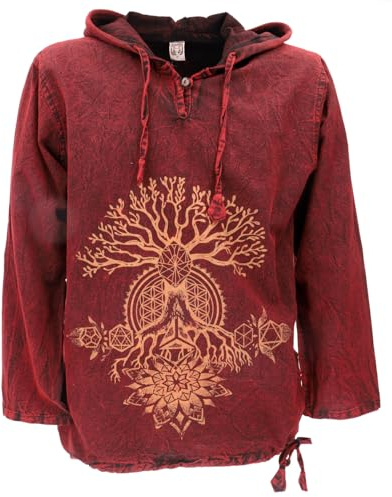 GURU SHOP Yoga Kapuzenshirt, Stonewash Hoodie, Festival Shirt - Rot/braun, Herren, Size:XL