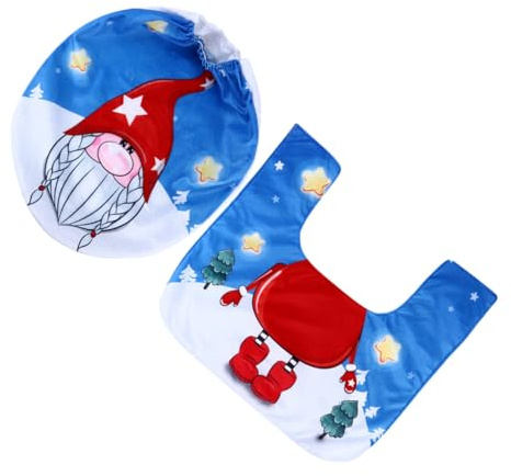 TOYANDONA Christmas No-Face Doll Toilet Seat Cover Set with Floor Mat, Blue Xmas Toilet Cover Decoration for Bathroom Holiday Home and Hotel Use