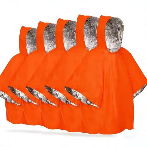 HOMHPLFE Emergency Survival Poncho, Heatshield Emergency Thermal Bag For Hiking, Thermal Mylar Foil Coating Blanket, for Heat Retention and Rain (Orange(5Pcs))