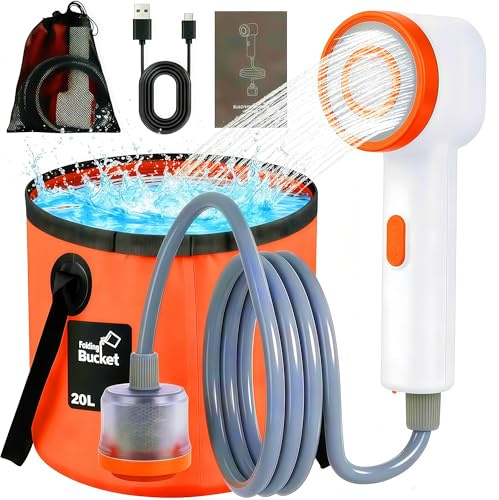 Portable Camping Shower Kit, IPX6 Waterproof Rechargeable Pump with Carbon Water Purification and Soft LED Light, 20L Folding Bucket, Portable Shower for Outdoor Camping Pet Bath Wash