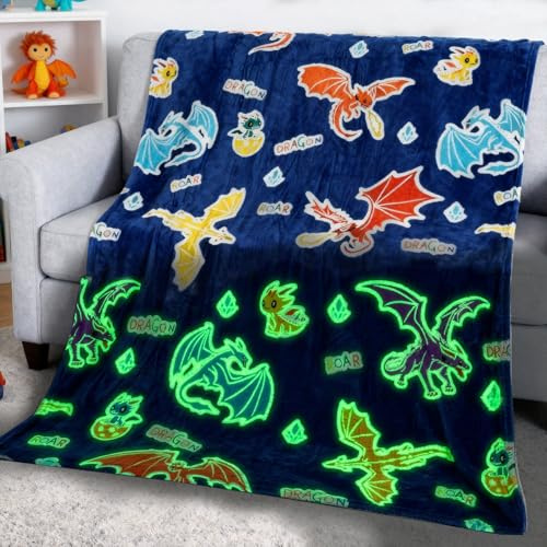 Drachen-Geschenke, Drachen-Decke für Jungen und Kinder, leuchtet im Dunkeln, leuchtende Cartoon-Überwurfdecke, weiche Fleecedecke für Zimmer, Bett, Sofa, Dekoration für Jungen, Mädchen, Männer