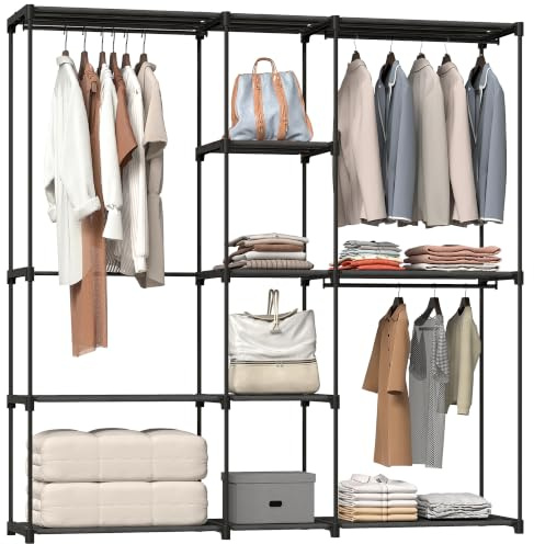 HOMCOM Kleiderschrank Offen 4 Stock Garderobe 182 x 43 x 185 cm Schwarz | Kleiderständer, Mit 2 Hängefächern, Für Wohnzimmer, Schlafzimmer