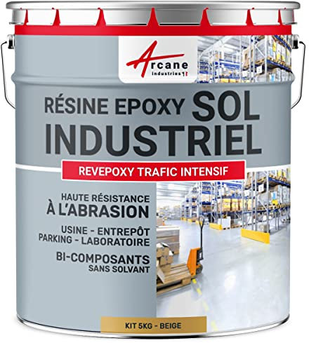 ARCANE INDUSTRIES Peinture Sol REVEPOXY TRAFIC INTENSIF : Résine Epoxy pour Sol Béton : Usine, Atelier Parking - 5 kg (jusqu'à 10 m² en 2 Couches) Beige - RAL 1001