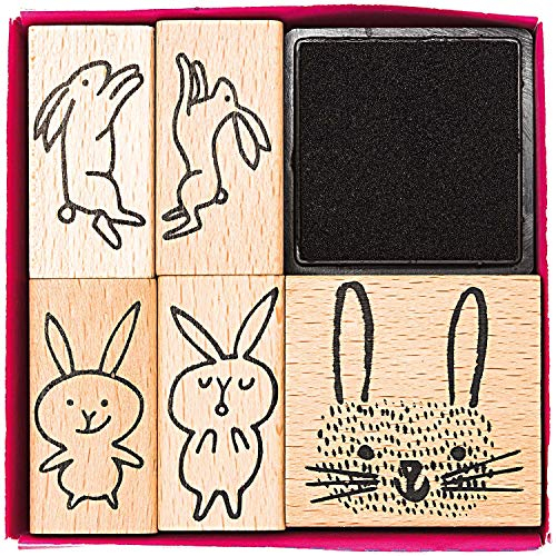 Rico Design Paper Poetry Stempelset Hasen - Holzstempel mit Stempelkissen zum Basteln für Kinder - 5 Motive - Stempel aus Holz DIY