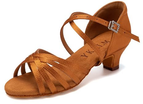 YKXLM Scarpe da Ballo Latino Americano Donna con Punta Aperta Scarpe Danza Latina Bambina con Tacco 4cm,Marrone,29 EU
