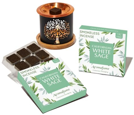 California White Sage Incense Bricks & Tree of Life Exotic Burner by Aromafume | 2 Trays x 9 Bricks | Sage Incense for Cleansing Negative Energy & Protection | Sage for Smokeless Smudging