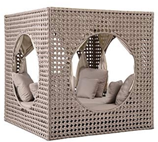 Strandkorbwerk Liegeinsel Cube Diamond Daybed Cappuccino mit Vorhängen Liege Loungemöbel Gartenlounge Polyrattan