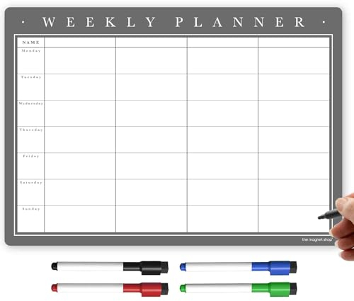 TMS Magnetic Weekly Planner and Organiser A4 | Fully Customisable Whiteboard for Family or Business Tasks and Meal Planning | with 4 Free Magnetic Dry Wipe Pen (Classic Grey, A4)