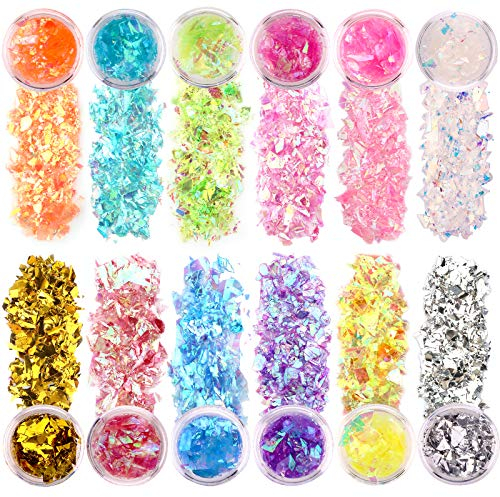 SAVITA 12 Colori Fiocchi di Glitter Iridescenti Paillettes per Unghie Olografiche Glitter Grosso Resina Epossidica Irregolare Vernice Artigianato Artistico Cosmetico per Festival Glitter per il Corpo