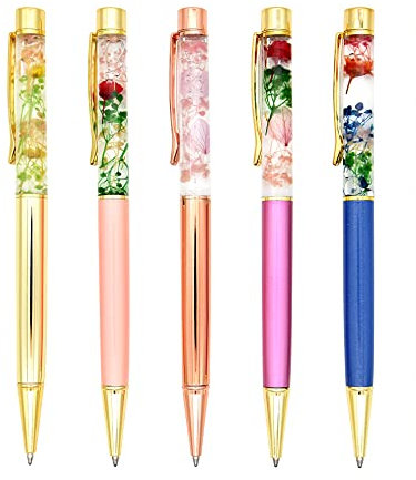 Gullor 5 Stück flüssige Kugelschreiber mit Blumenmuster als Geschenk, ausgefallenes Metall, einzigartiges Blumen-Set für Schreibtischzubehör, mehrfarbig