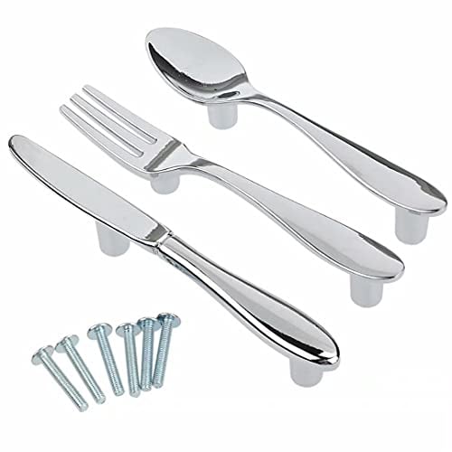 3pcs Silver Funny Cutlery Cabinet Pulls Handles 3 Hole Center Vintage Kitchen Knife Spoon Fork Cupboard Pulls Handles Furniture Door Hardware for Bathroom Bedroom