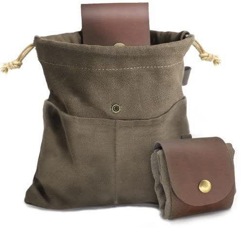 Futtertasche aus Leder, Leinen, faltbar, wasserabweisend, für Outdoor-Camping, Aufbewahrung, Falttasche, Pilzbeutel, Bushcraft-Gürtel, Zunder-Dump-Taschen für Reisen, Camping, Wandern, Grün ,
